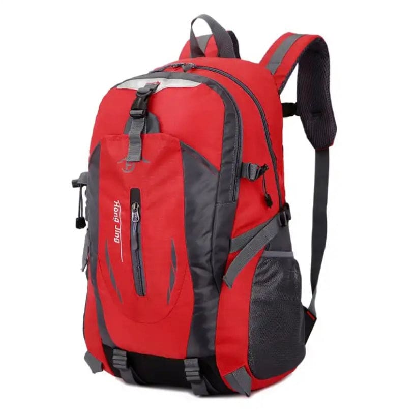 Red and black 9eight5 backpack with adjustable straps, spacious main compartment, and durable design for everyday use.