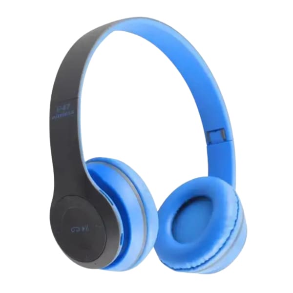 Blue P47 wireless headphones by 9eight5, sleek electronic accessories with cushioned ear cups and adjustable headband.
