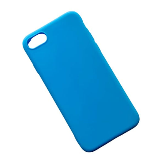 Sky blue 9eight5 iPhone 7/8 case showing smooth silicone exterior and precise cutouts for buttons and camera.