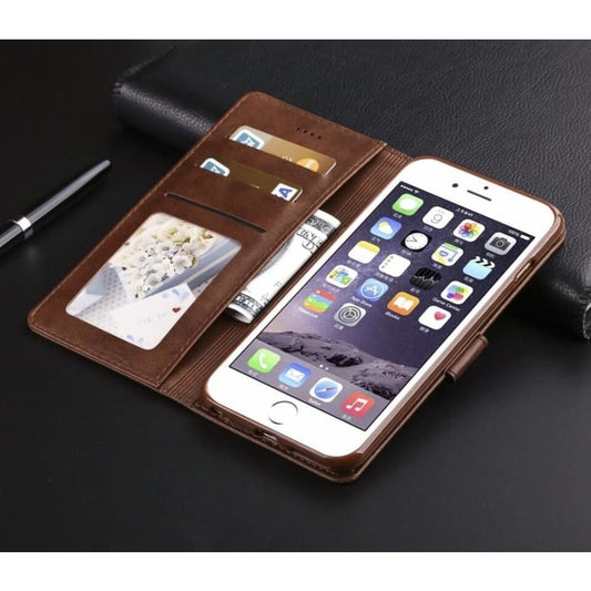Brown synthetic leather flip case for iPhone X / XS by 9eight5, with a sleek design and precise cutouts for phone protection.