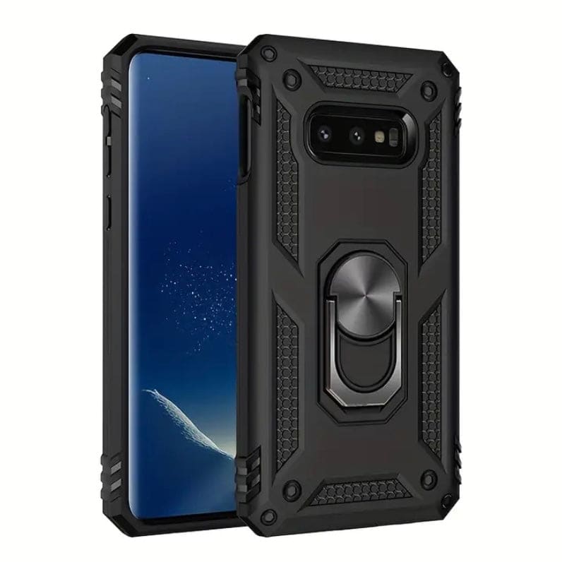 Black rugged phone case for Samsung Galaxy S10e by 9eight5, showing textured grip and protective design.
