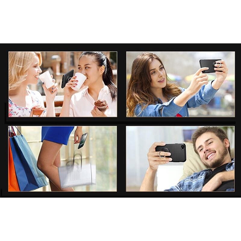 Black 9eight5 finger grip for phones and tablets, providing secure hold and easy handling of devices.