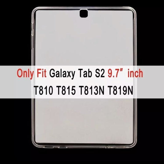 Clear protective cover for Samsung Galaxy Tab S2 9.7 inch T810/T815 from 9eight5, showing the transparent tablet case with cutouts.