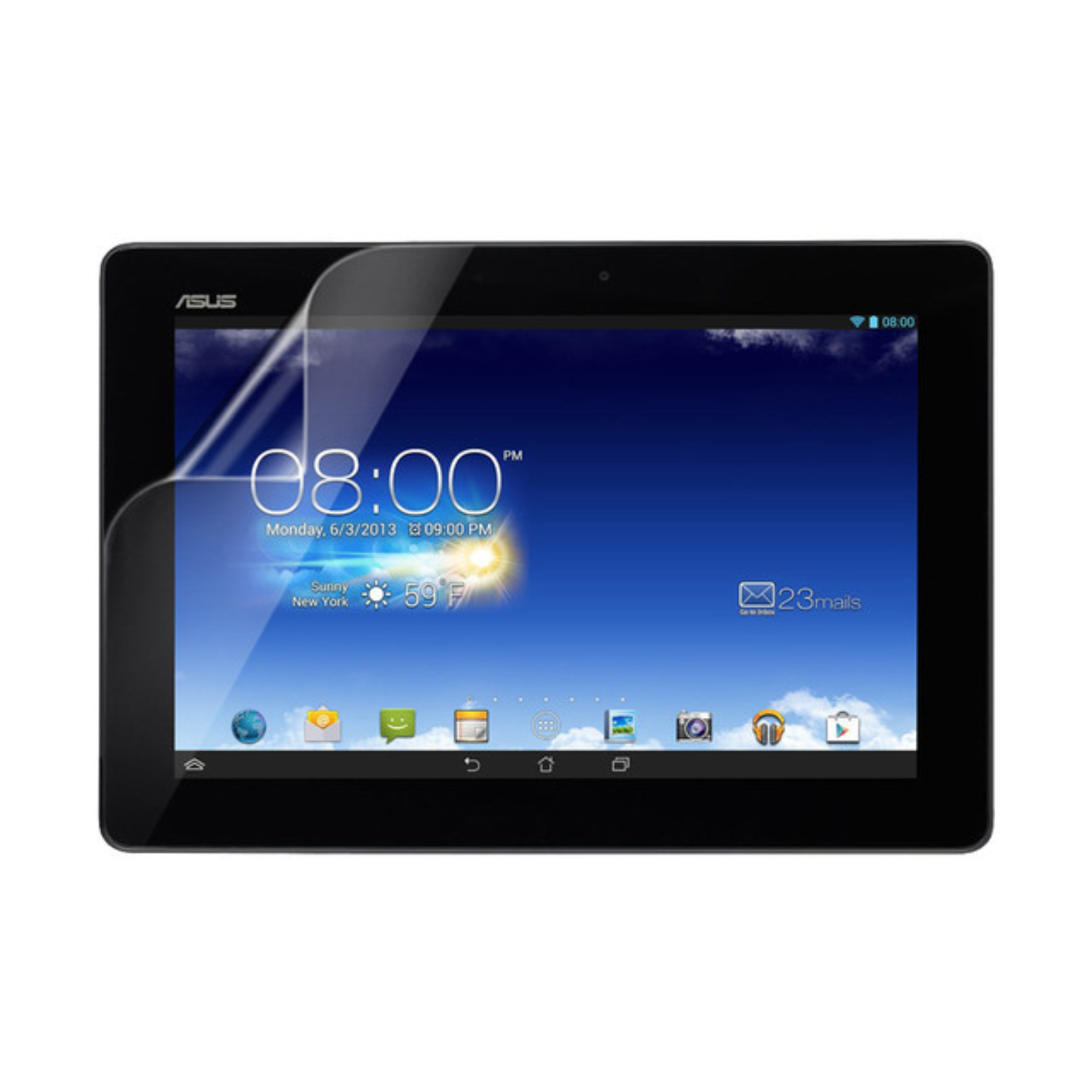Hydrogel screen protectors for Asus Memo Pad FHD10 by 9eight5, pack of 2, showing the clear, flexible protectors on the tablet screen.