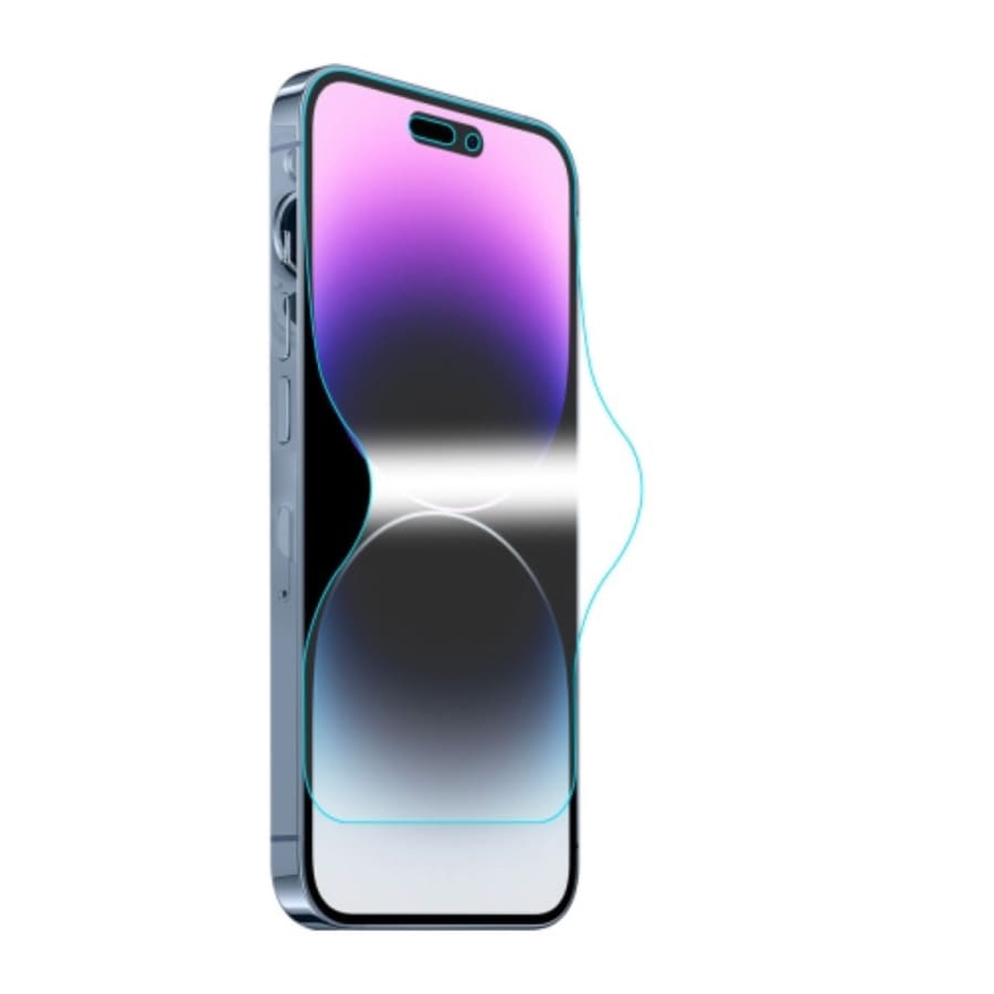 Pair of 9eight5 hydrogel screen protectors for iPhone 14 Pro 6.1-inch, showing clear, flexible protection for the phone screen.