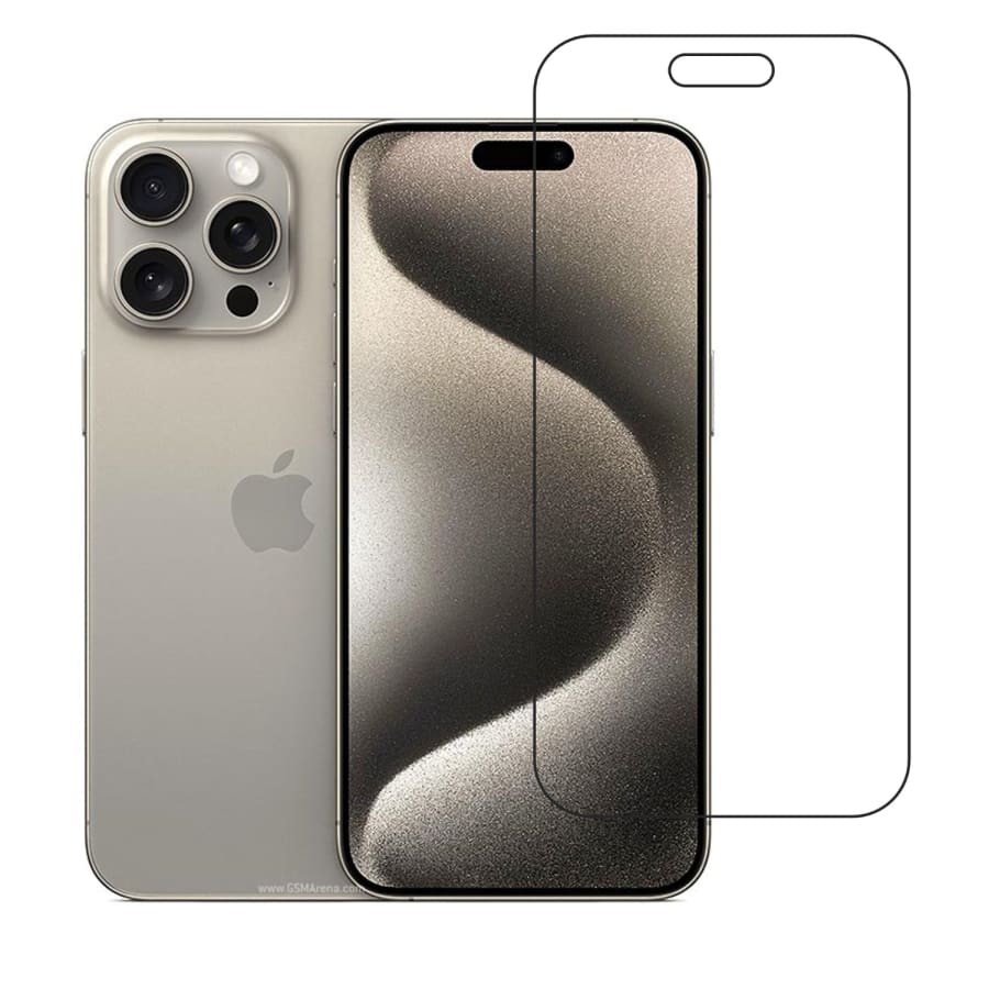 9eight5 screen protector for iPhone 15 Pro Max 6.7-inch, showing clear, edge-to-edge protection on the phone screen.