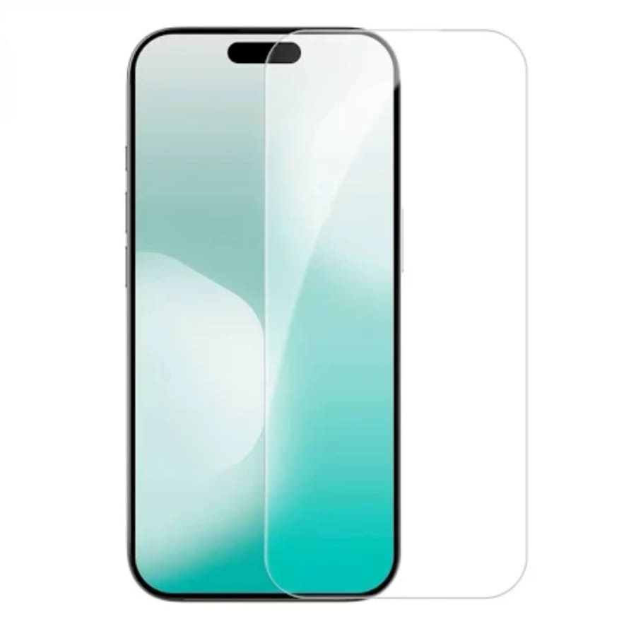 Clear 9eight5 screen protector for iPhone 17 Pro Max showing a close-up of the tempered glass fitting over the phone screen.