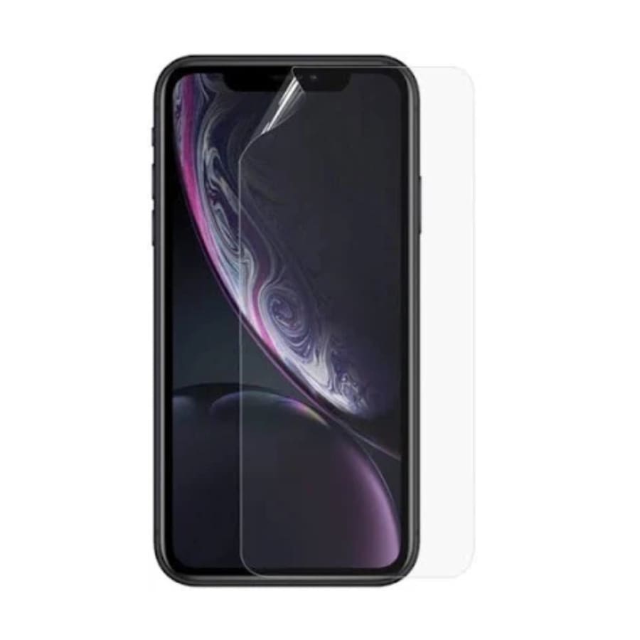 Hydrogel screen protector for iPhone XR by 9eight5, showing a clear, flexible shield fitting over the phone screen.