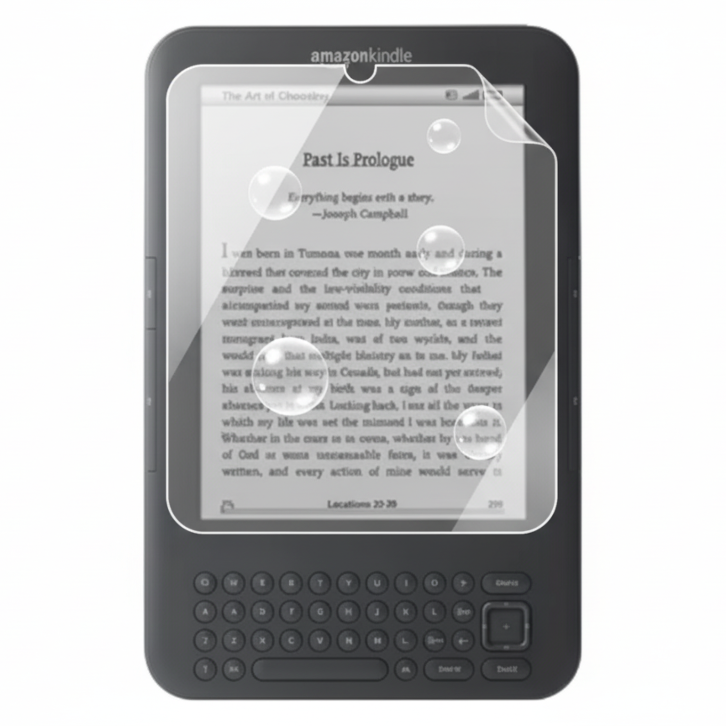 Hydrogel screen protector for Kindle Keyboard (Kindle 3) by 9eight5, showing a clear, flexible protective film on the device screen.