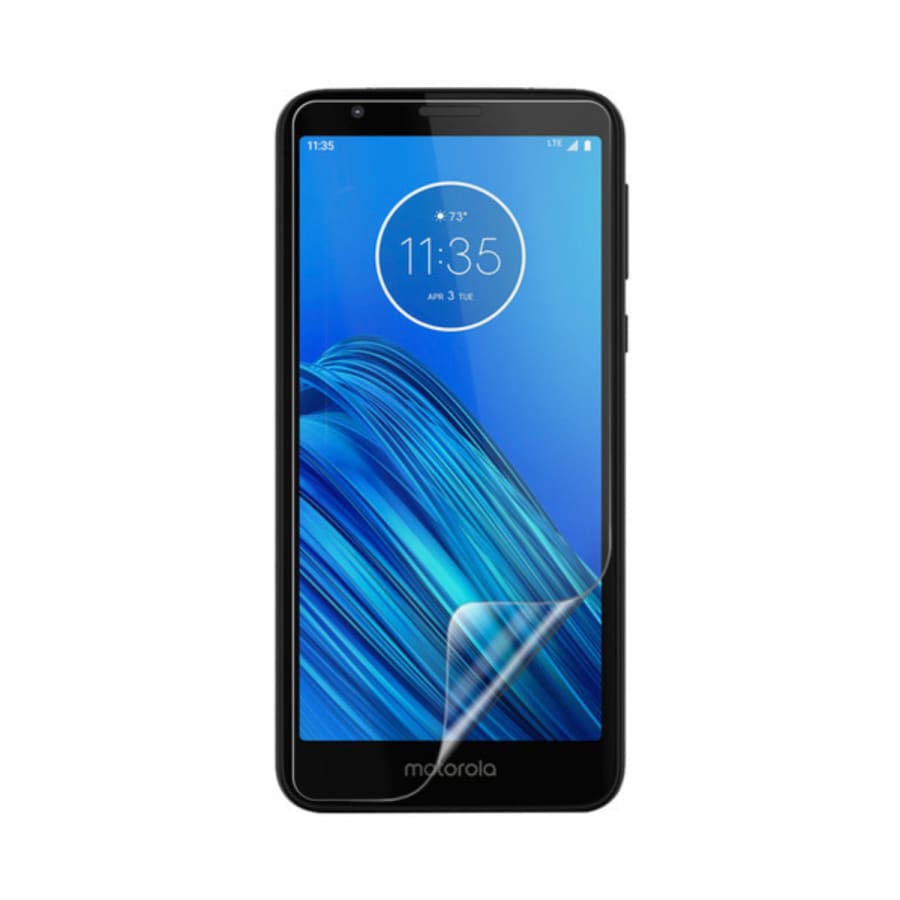 Hydrogel screen protector for Moto E6 (2019) by 9eight5, shown on phone screen, in a pack of two for full device protection.