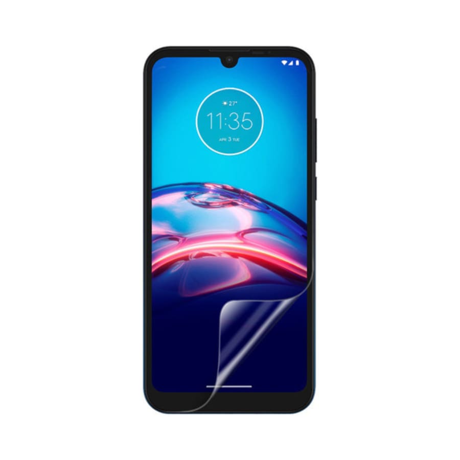 Hydrogel screen protectors for Moto E6s 2020 by 9eight5, pack of 2, showing clear, flexible protectors on a smartphone screen.