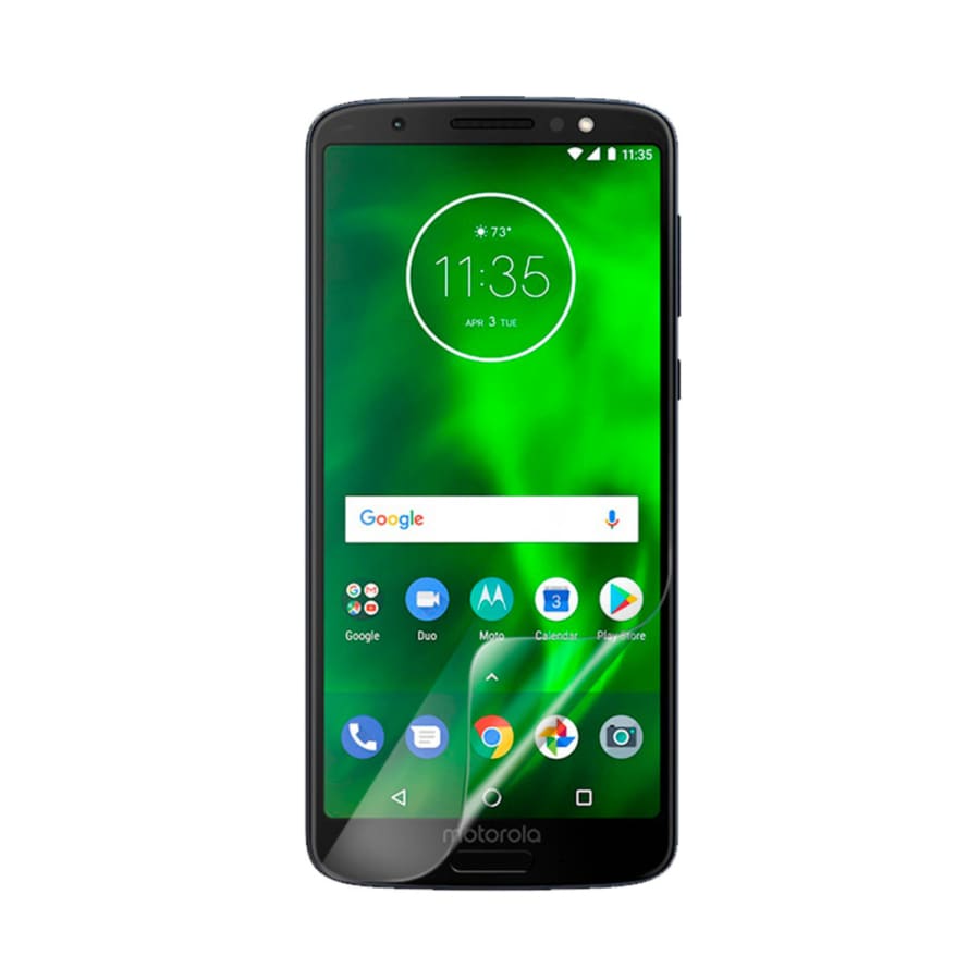 Hydrogel screen protector for Moto G6 (2018) by 9eight5, pack of 2, showing clear, flexible protective film on smartphone screen.