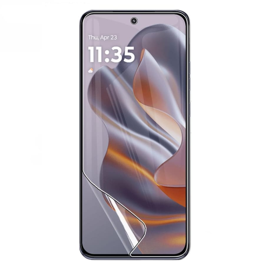 Hydrogel screen protector for Moto S50 (2024) by 9eight5, pack of 2, showing the clear, flexible film on smartphone screen.