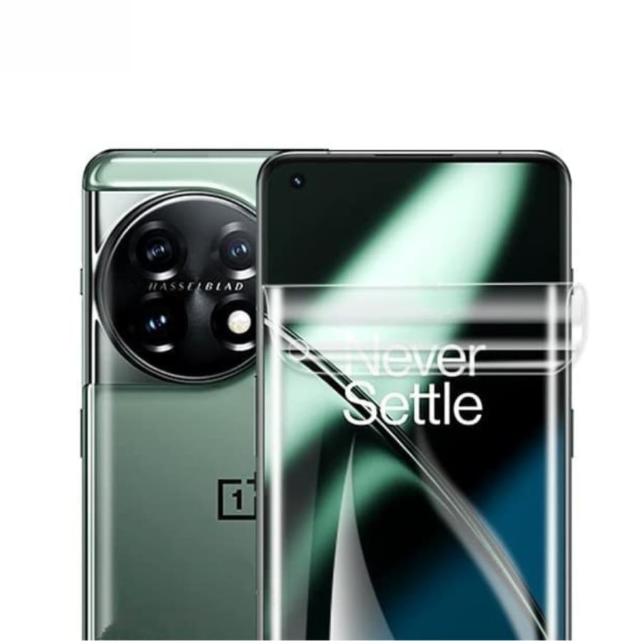 Hydrogel screen protector for OnePlus 11 by 9eight5, pack of 2, showing clear, flexible film covering the phone screen.