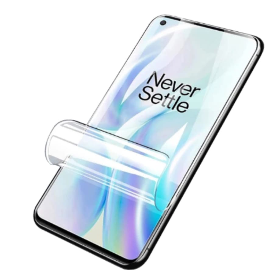 Hydrogel screen protector for OnePlus 3 by 9eight5, showing the clear, flexible film covering the phone screen.