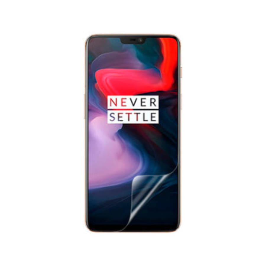 Hydrogel screen protector for OnePlus 6 by 9eight5, showing the clear, flexible shield fitting over the phone screen.