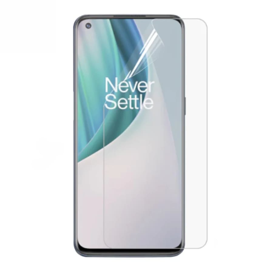 Hydrogel screen protector for OnePlus Nord N10 5G by 9eight5, showing a clear, flexible film covering the phone screen.