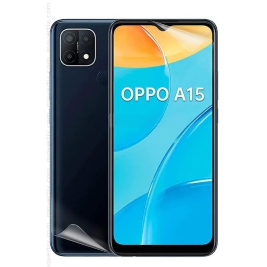 Hydrogel screen protector for Oppo A15 by 9eight5, showing a clear, flexible film covering the phone screen for protection.