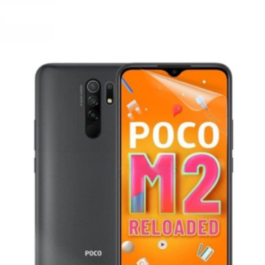 Hydrogel screen protector for POCO M2 Reloaded by 9eight5, showing the flexible, transparent film designed to protect the phone screen.