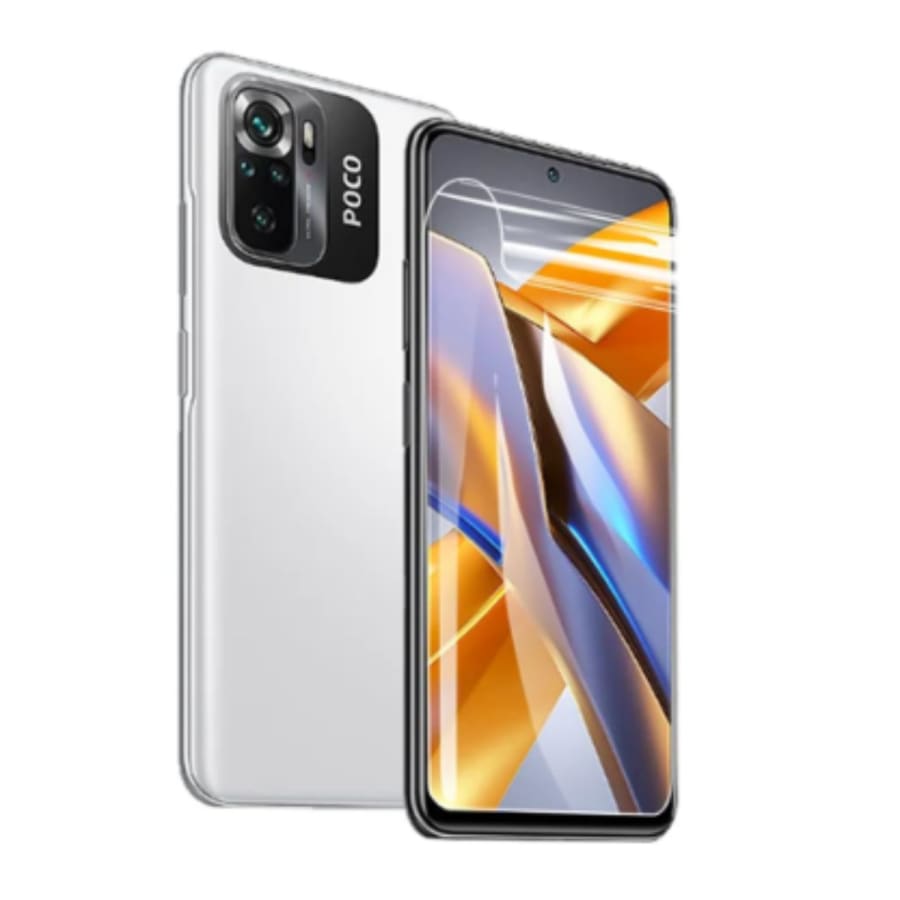 Hydrogel screen protector for POCO M4 Pro 5G by 9eight5, showing a clear, flexible film fitting the device screen.