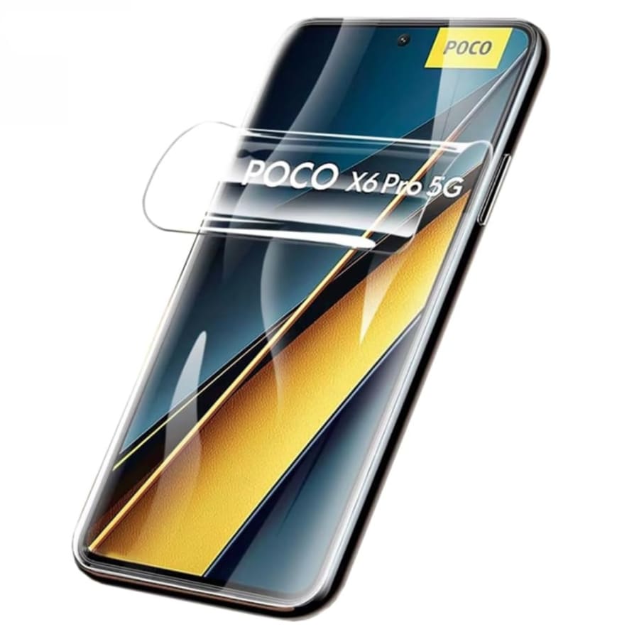 Hydrogel screen protector for POCO X6 Pro by 9eight5, pack of 2, showing the flexible, transparent film on the phone screen.