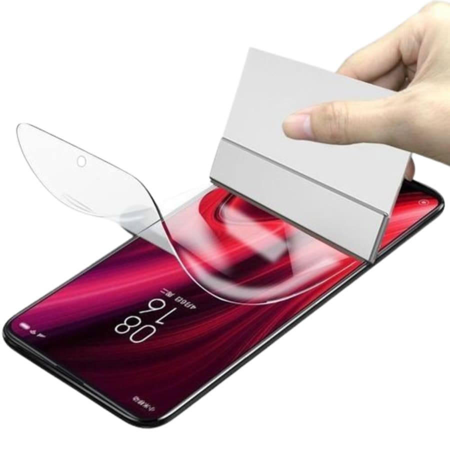 Hydrogel screen protector for Redmi K20 by 9eight5, showing the clear, flexible film covering the phone screen.