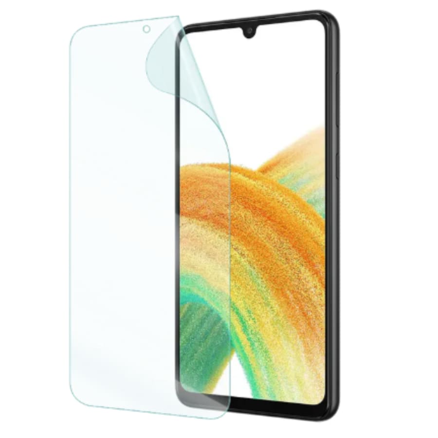 Hydrogel screen protector for Samsung Galaxy A33 5G by 9eight5, showing a clear, flexible protective film on the phone screen.
