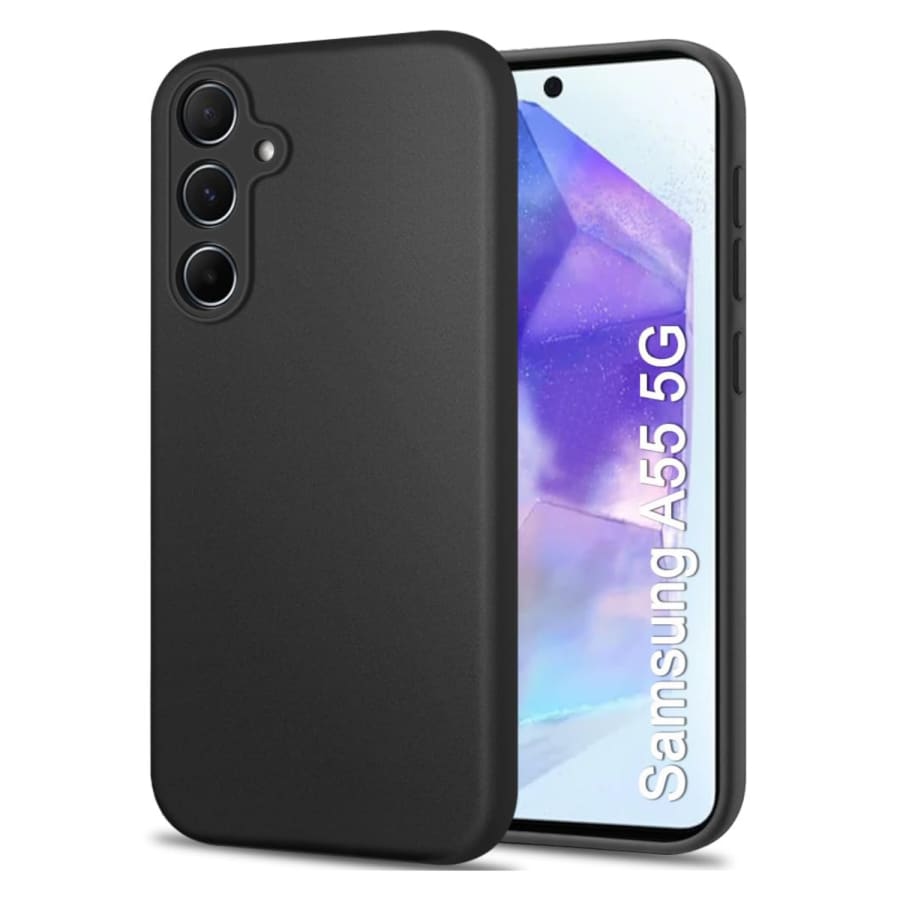 Black protective screen protector for Samsung Galaxy A55 5G by 9eight5, showing the sleek, durable design on the phone screen.