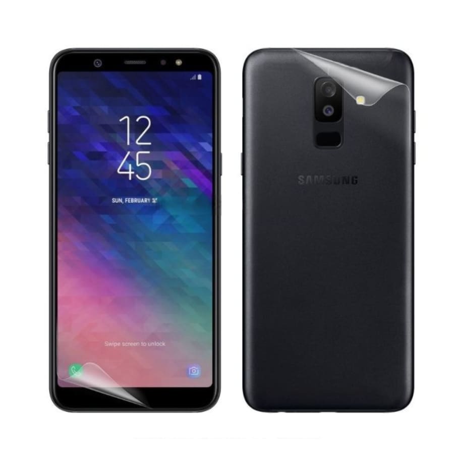 Hydrogel screen protector for Samsung Galaxy A6 (2018) by 9eight5, pack of 2, showing transparent protective film on phone screen.