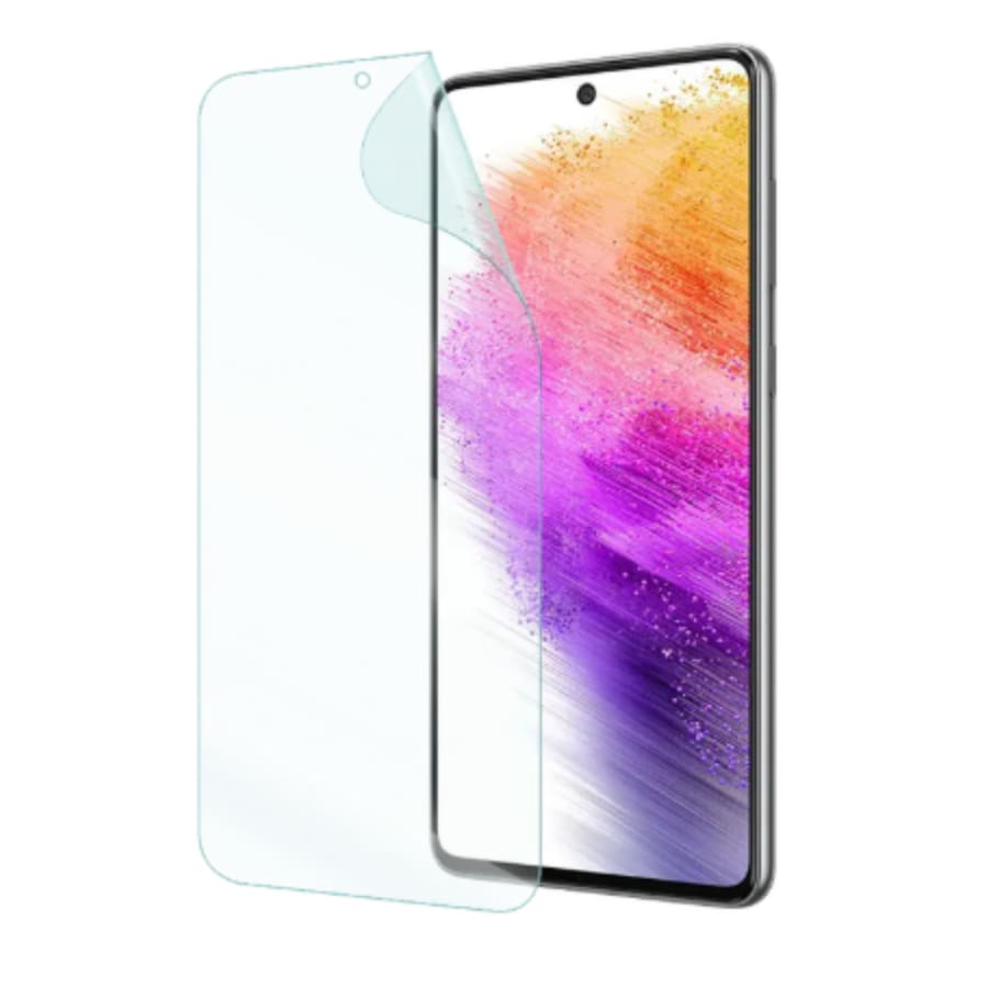 Two 9eight5 hydrogel screen protectors for Samsung Galaxy A73 5G, displaying clear, protective covers on the phone screens.