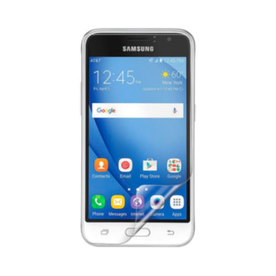 Hydrogel screen protector for Samsung Galaxy J1 (2015) 4.3-inch by 9eight5, showing a clear, flexible protective layer on the phone screen.