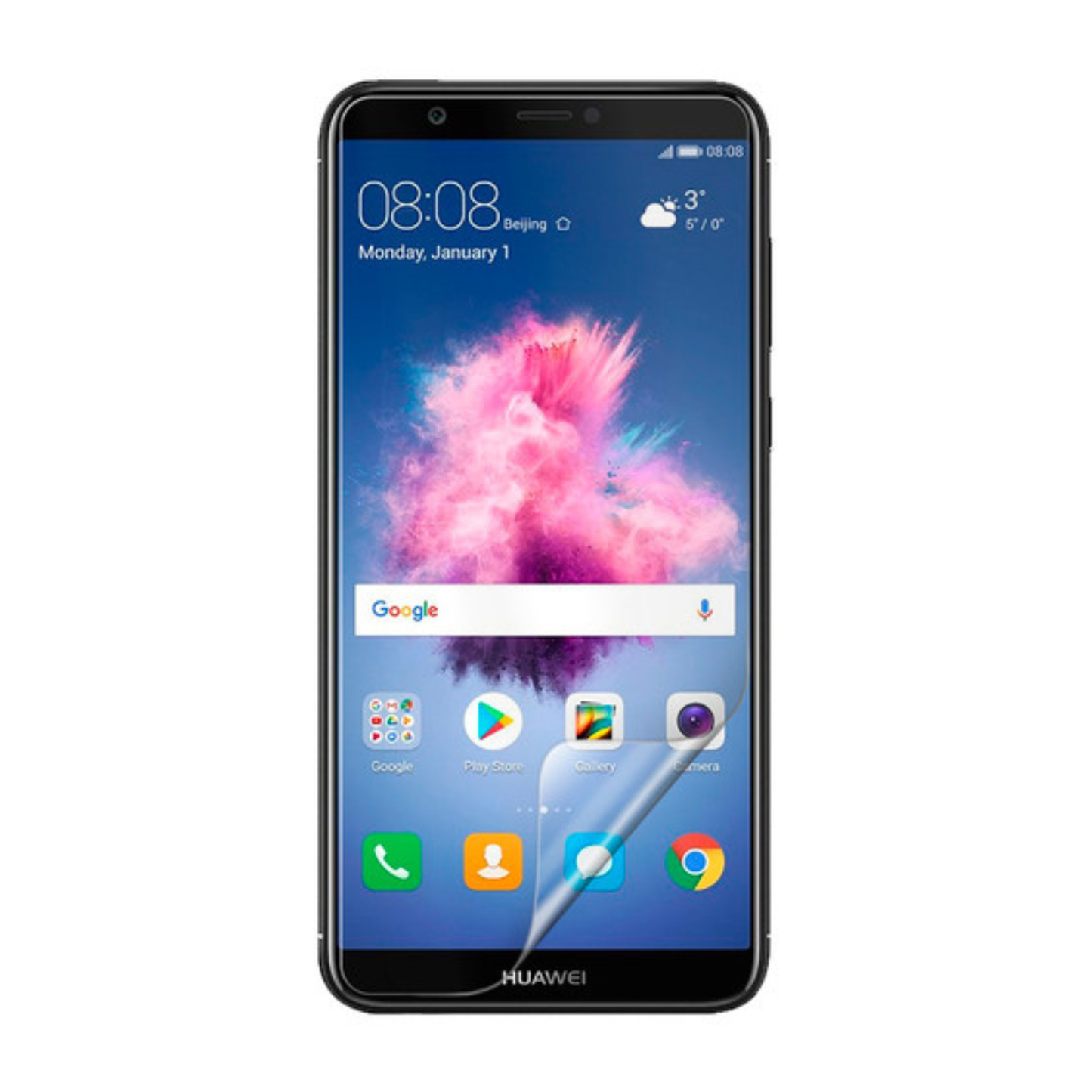 Hydrogel screen protector for Huawei P Smart 2017 by 9eight5, pack of 2, showing the clear flexible film covering the phone screen.