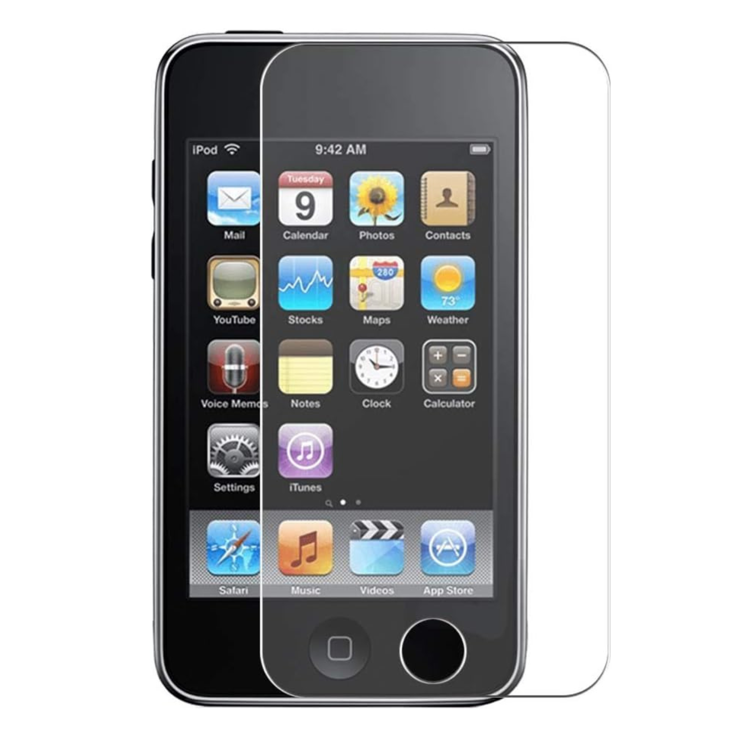 Hydrogel screen protector for iPod Touch 2nd Generation by 9eight5, showing clear, flexible covering on device screen.