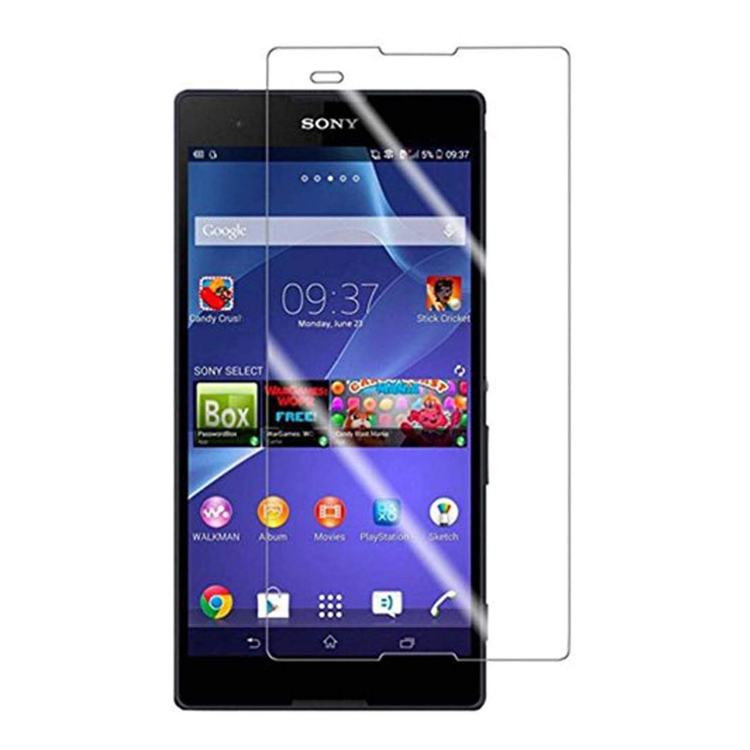 Hydrogel screen protector for Sony Xperia T2 Ultra dual by 9eight5, showing a clear, flexible film covering the phone screen.