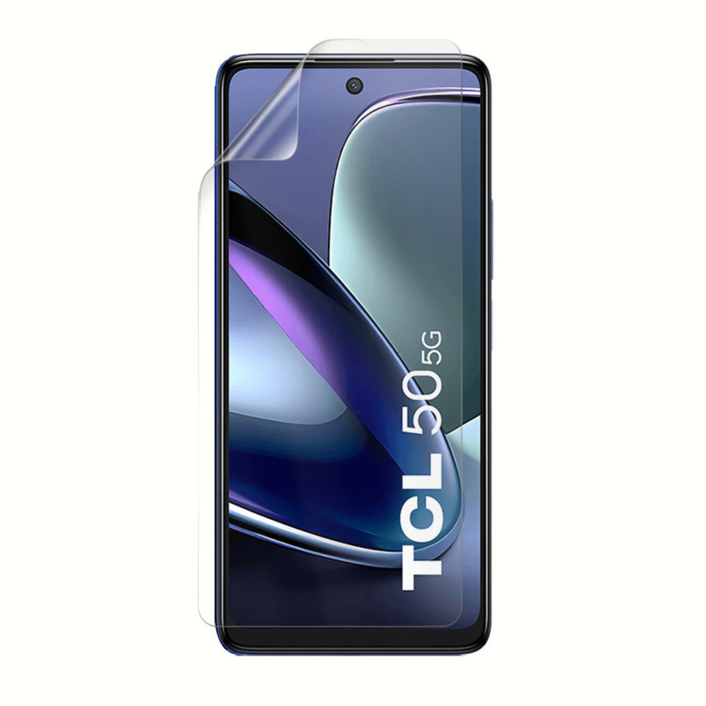 Two 9eight5 hydrogel screen protectors for TCL 50 5G smartphone, showing clear, flexible protective film over the screen.