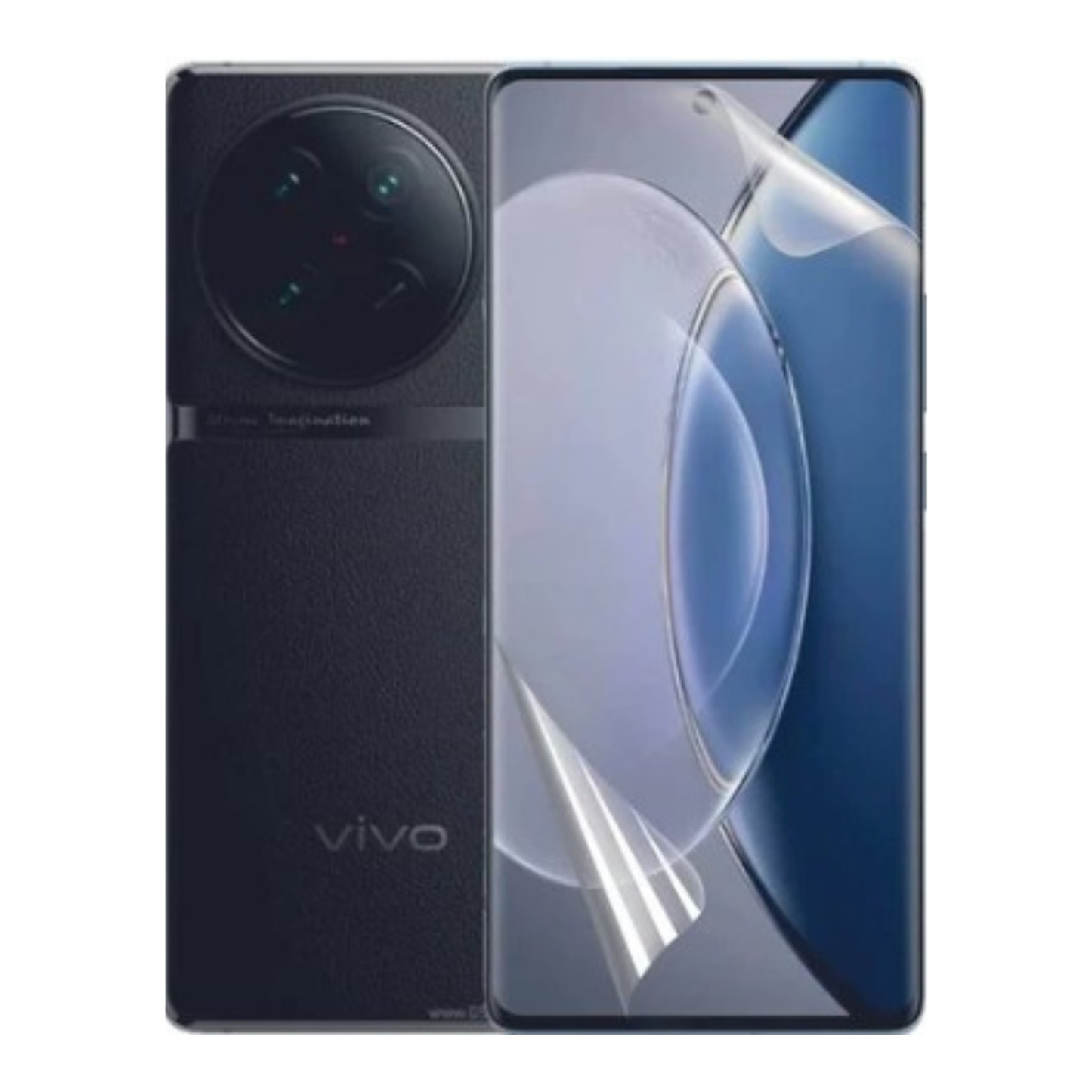 Hydrogel screen protector for Vivo X90s by 9eight5, pack of 2, showing clear, flexible film covering a smartphone screen.