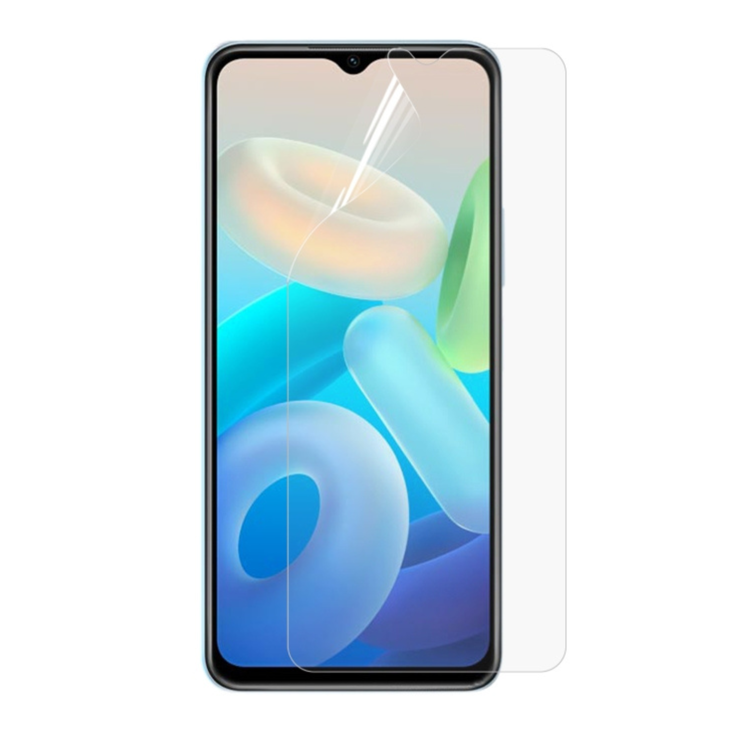 Hydrogel screen protector for Vivo Y02 by 9eight5, pack of 2, showing the clear, flexible film covering a smartphone screen.
