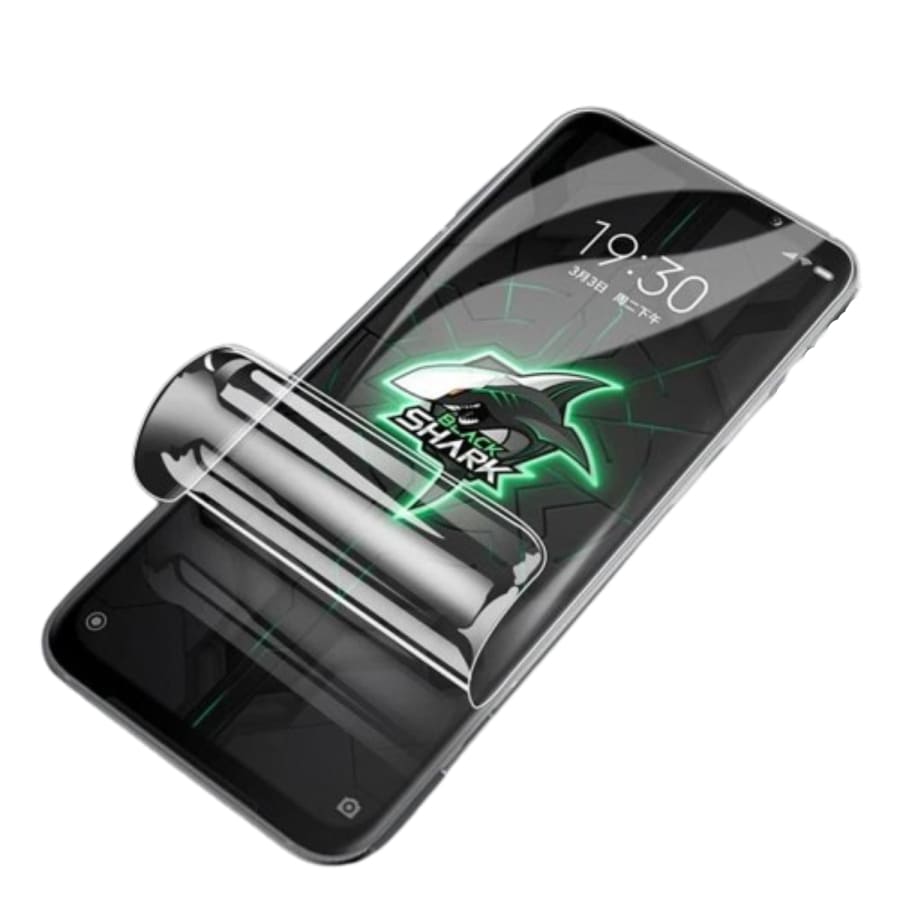 Two 9eight5 hydrogel screen protectors for Xiaomi Black Shark 3 gaming smartphone, shown in clear packaging.