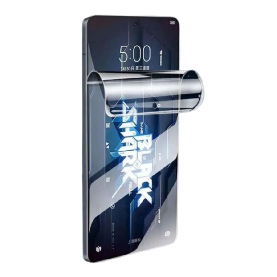 Hydrogel screen protector for Xiaomi Black Shark 5 by 9eight5, showing the clear, flexible film designed to fit the gaming phone screen.