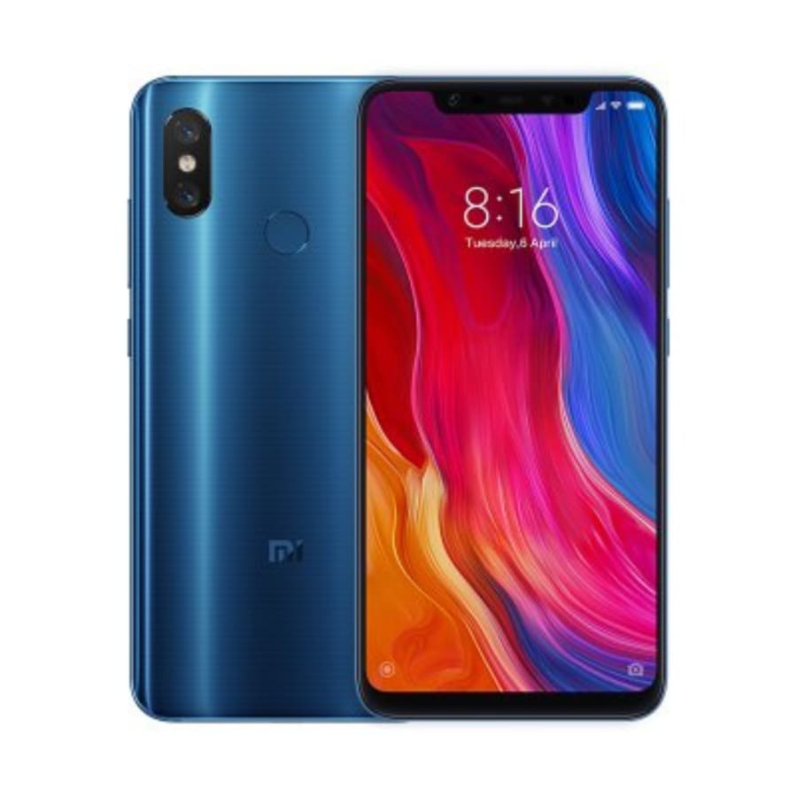 Two 9eight5 hydrogel screen protectors for Xiaomi Mi 8 smartphone, showing clear, flexible protective layers in the image.