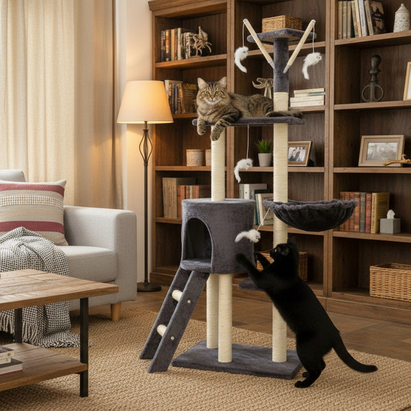 Dark grey 148cm cat tree house with scratching post and condo, providing a cozy space for cats to play and rest.