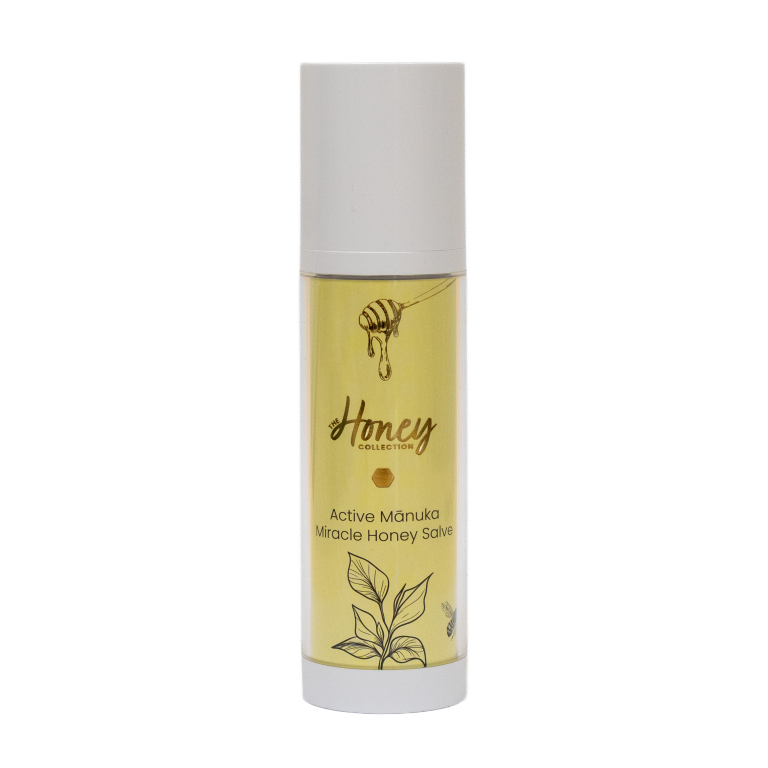 Active Manuka Miracle Honey Salve remedial cream from The Honey Collection, featuring a jar of honey-based healing ointment.