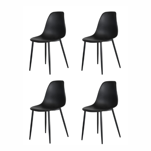 Set of four black Alpine dining chairs by sue-e furniture with matching black legs, modern and stylish for contemporary dining rooms.