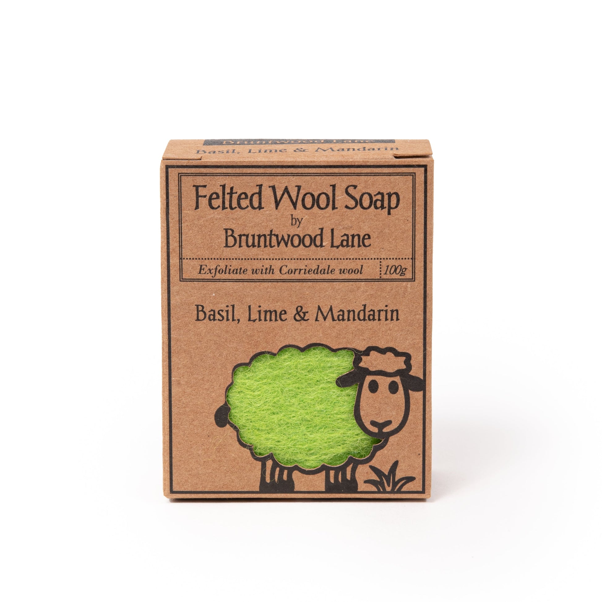Felted wool soap with basil, lime, and mandarin from Bruntwood Lane, showing the textured, colorful soap bar with fresh botanical accents.