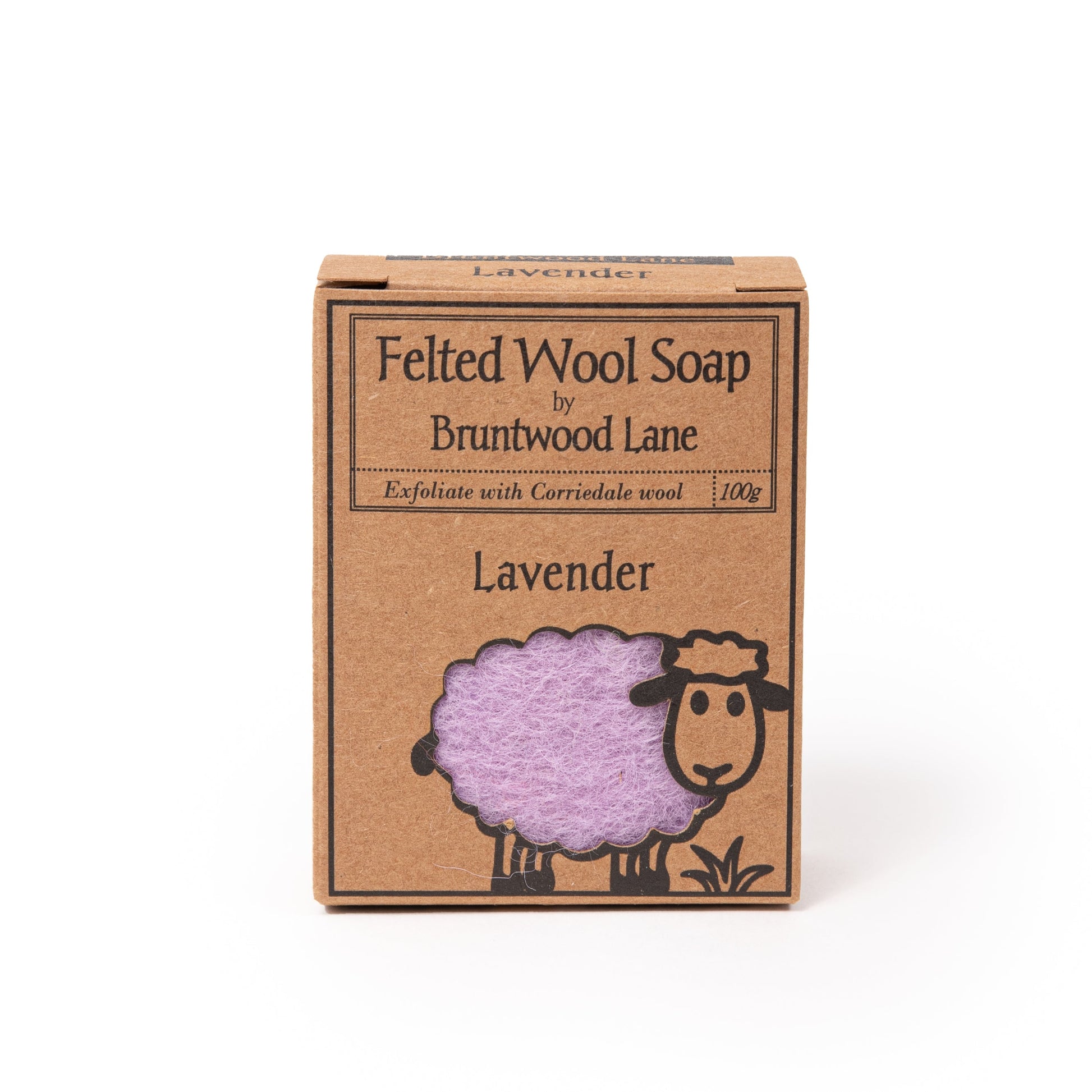 Lavender felted wool soap by Bruntwood Lane showing a cozy, handcrafted felted soap with lavender-colored wool on top.