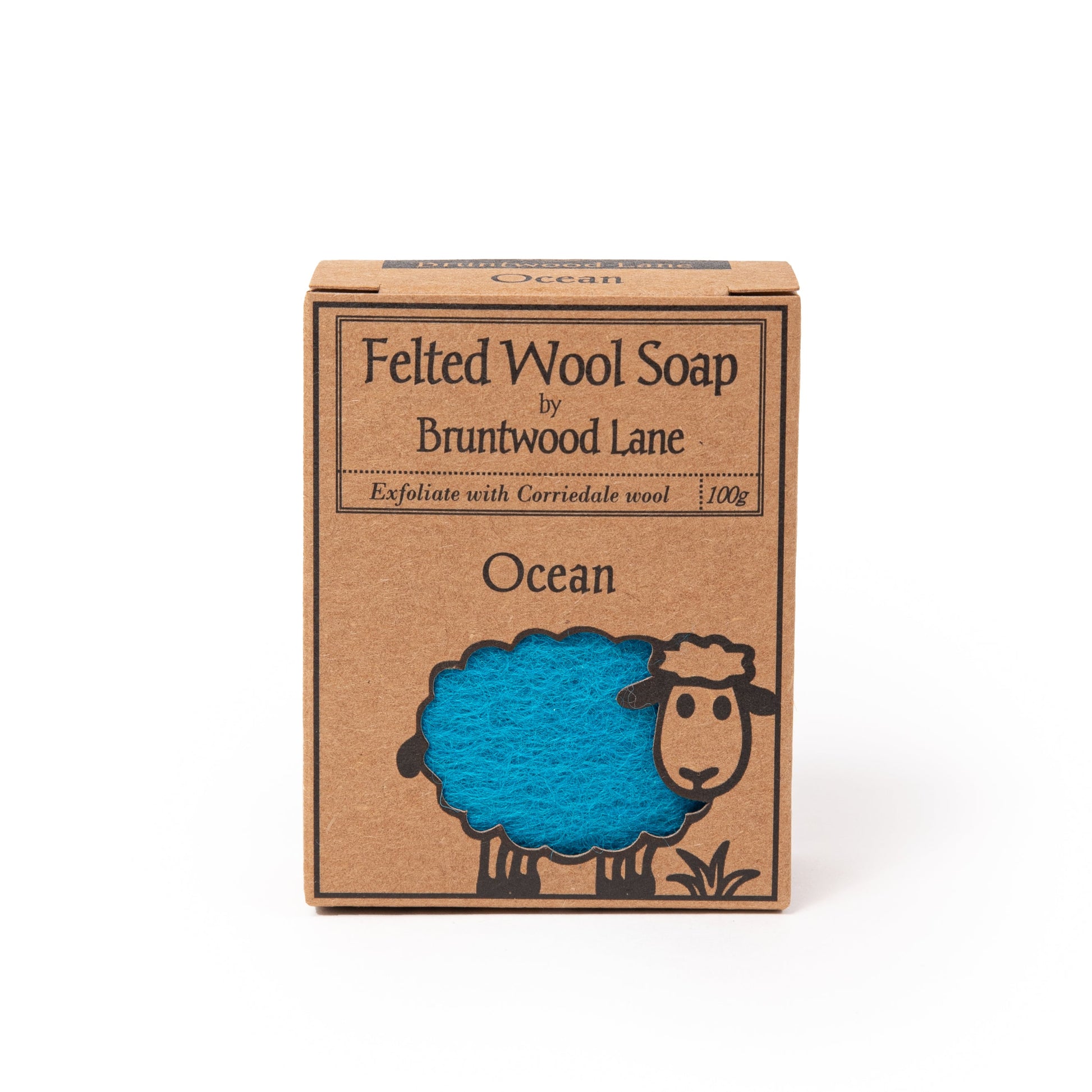 Felted Ocean Wool Soap by Bruntwood Lane featuring a textured, ocean-inspired design with soft blue and white wool fibers.