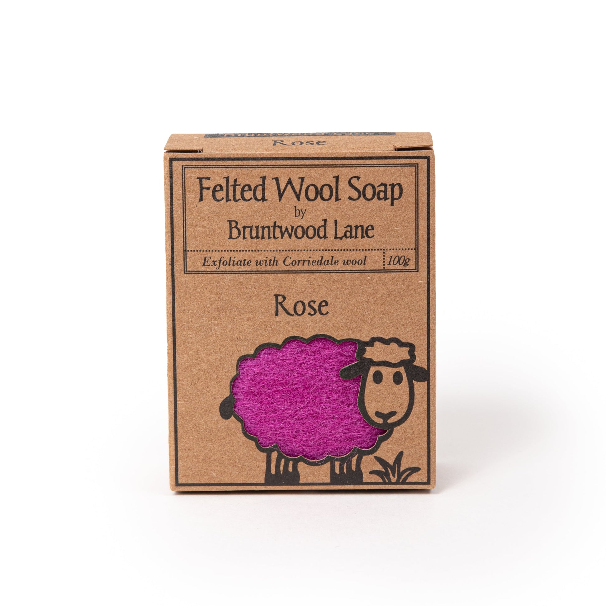 Felted soap with a pink rose design from Bruntwood Lane, showcasing soft wool and decorative rose pattern on the soap.