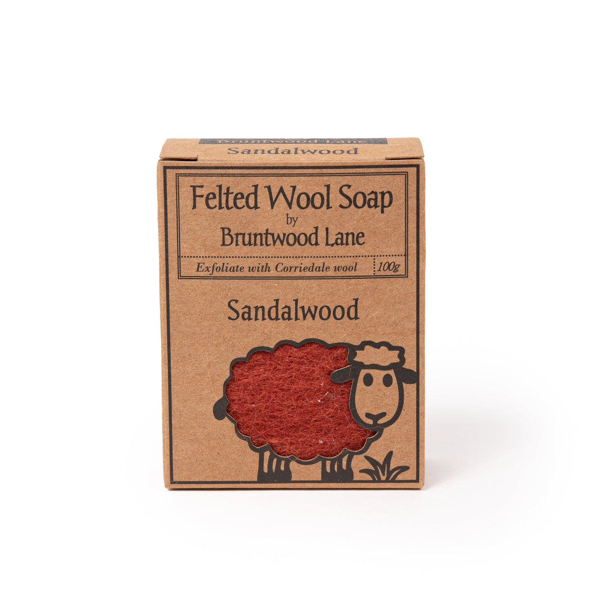Felted wool soap with sandalwood scent by Bruntwood Lane, showing the textured, felted wool exterior and soap inside.