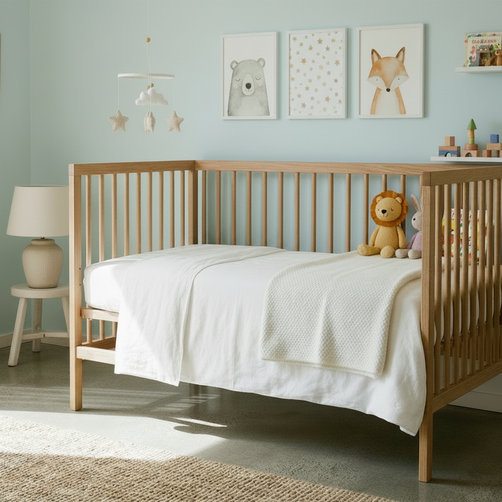 MiteGuard cot mattress cover on a baby's bed, protecting the mattress from mites and allergens in a nursery setting.