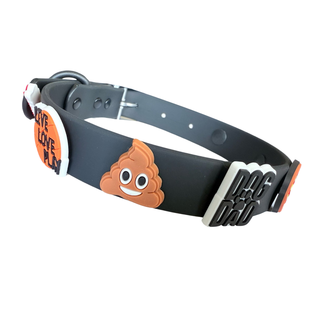 Black waterproof dog collar by Walkieez, showing a durable collar on a dog with adjustable strap and metal buckle.